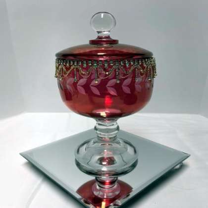 Gold Etched Red Vase trimmed in Rhinestones: click to enlarge